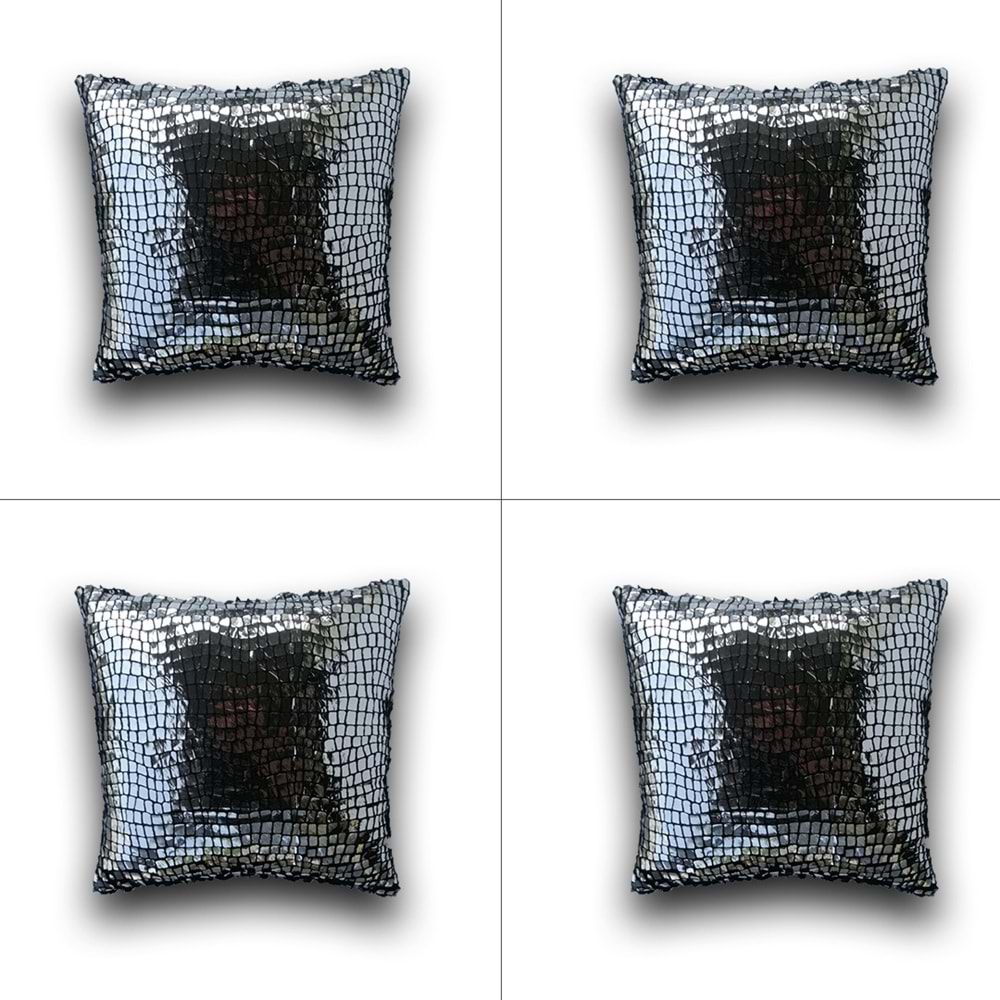 4'lü Gümüş Renk Pullu Payetli Yastık Kırlent Kılıfı 45x45 cm.