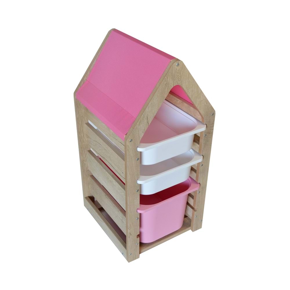 Montessori Pembe Oyuncak Saklama Düzenleme Ünitesi Dolabı - 1 Büyük Pembe 2 Beyaz Trofast Sepetli