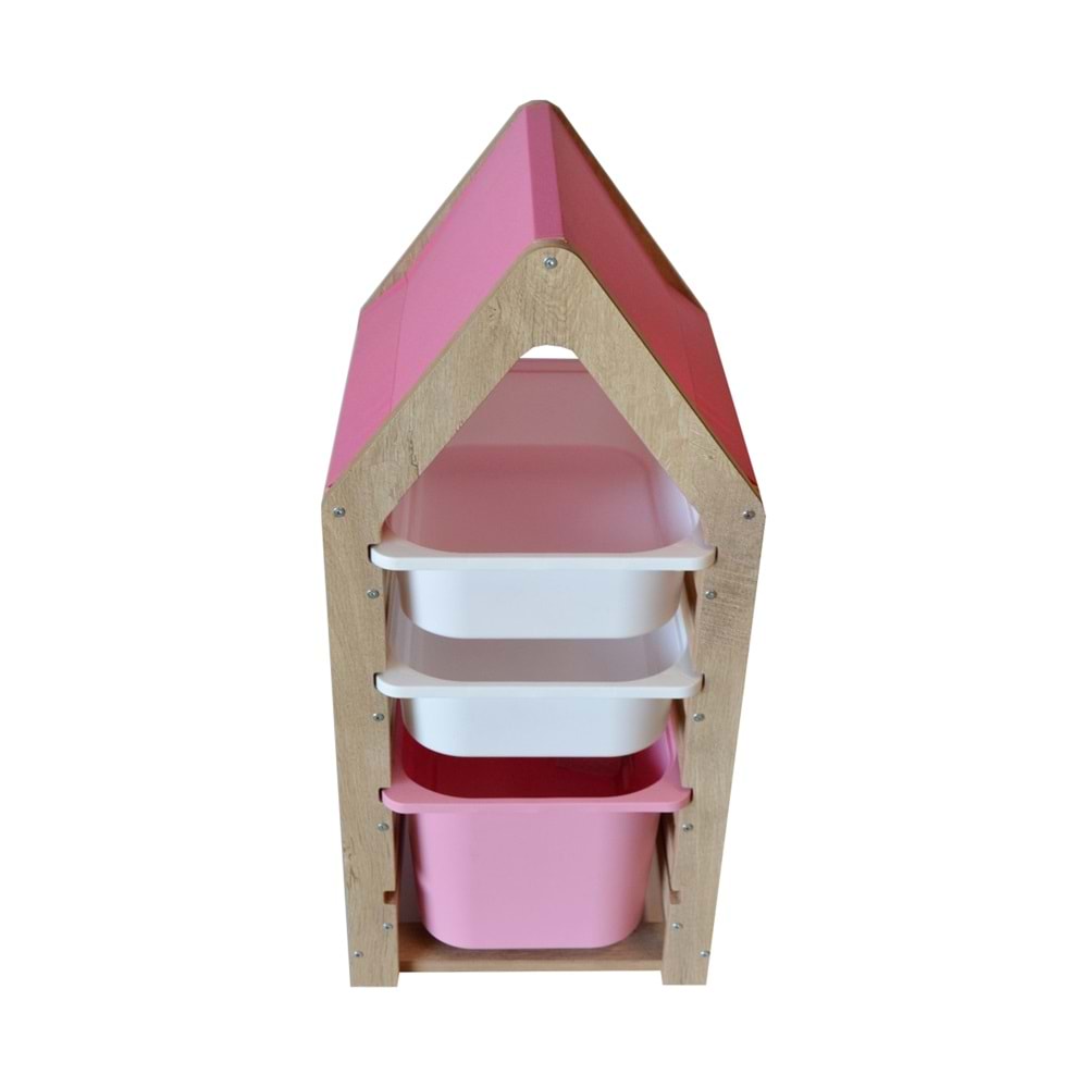 Montessori Pembe Oyuncak Saklama Düzenleme Ünitesi Dolabı - 1 Büyük Pembe 2 Beyaz Trofast Sepetli