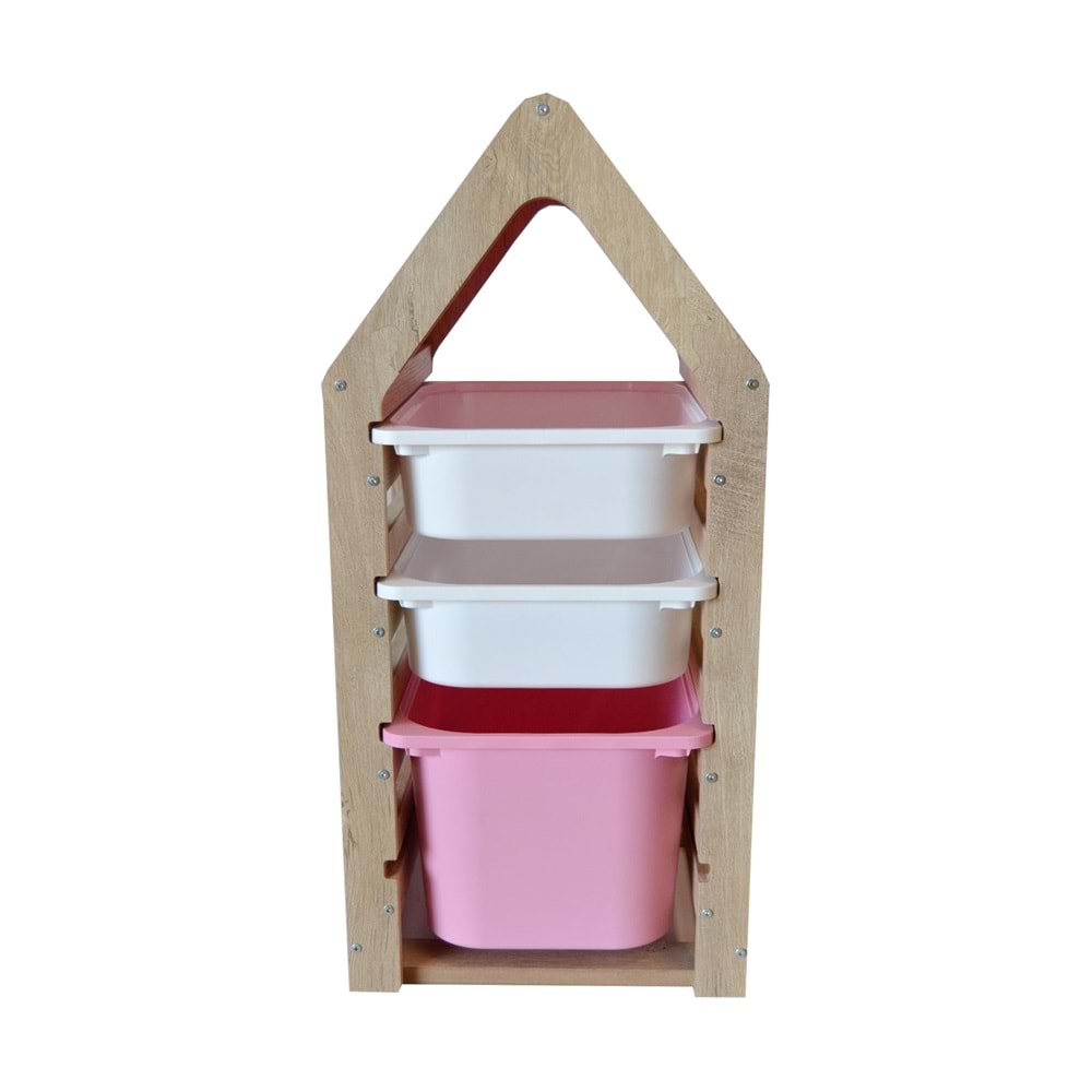 Montessori Pembe Oyuncak Saklama Düzenleme Ünitesi Dolabı - 1 Büyük Pembe 2 Beyaz Trofast Sepetli