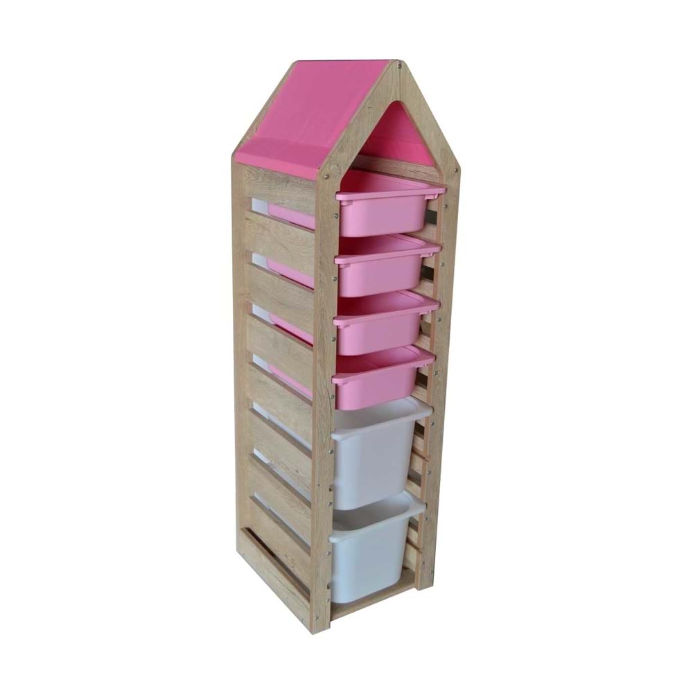 Montessori Pembe Oyuncak Saklama Düzenleme Ünitesi Dolabı - 2 Büyük Beyaz 4 Pembe Trofast Sepetli
