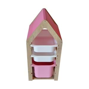 Montessori Pembe Oyuncak Saklama Düzenleme Ünitesi Dolabı - 1 Büyük Pembe 2 Beyaz Trofast Sepetli