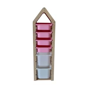 Montessori Pembe Oyuncak Saklama Düzenleme Ünitesi Dolabı - 2 Büyük Beyaz 4 Pembe Trofast Sepetli