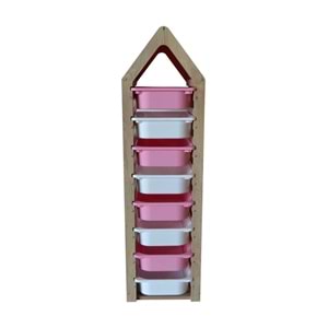 Montessori Pembe Oyuncak Saklama Düzenleme Ünitesi Dolabı - 4 Beyaz 4 Pembe Trofast Sepetli