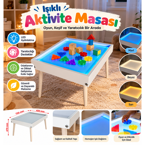 Damla Toys Montessori Ahşap Çocuk Işıklı Aktivite Oyun Masası - 9 Farklı Renk Işık