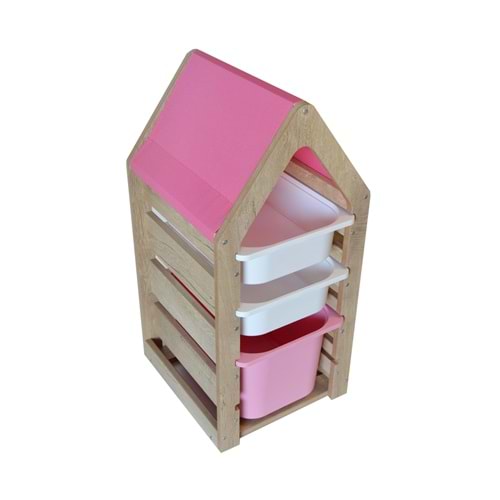 Montessori Pembe Oyuncak Saklama Düzenleme Ünitesi Dolabı - 1 Büyük Pembe 2 Beyaz Trofast Sepetli