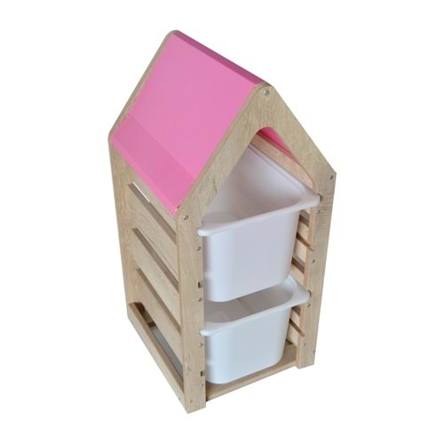 Montessori Pembe Oyuncak Saklama Düzenleme Ünitesi Dolabı - 2 Büyük Beyaz Trofast Sepetli