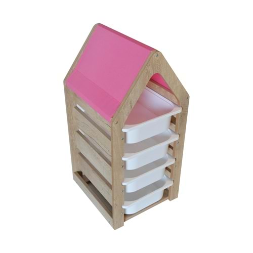 Montessori Pembe Oyuncak Saklama Düzenleme Ünitesi Dolabı - 4 Beyaz Trofast Sepetli
