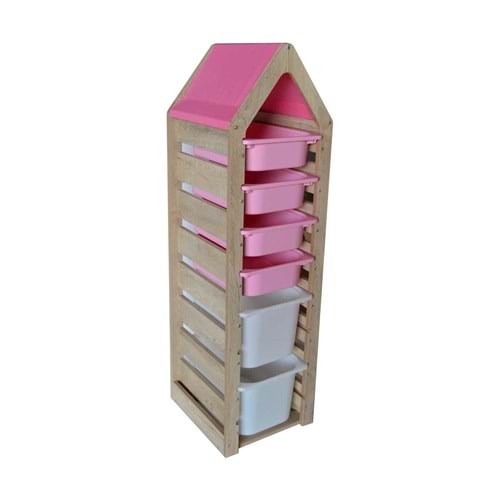 Montessori Pembe Oyuncak Saklama Düzenleme Ünitesi Dolabı - 2 Büyük Beyaz 4 Pembe Trofast Sepetli