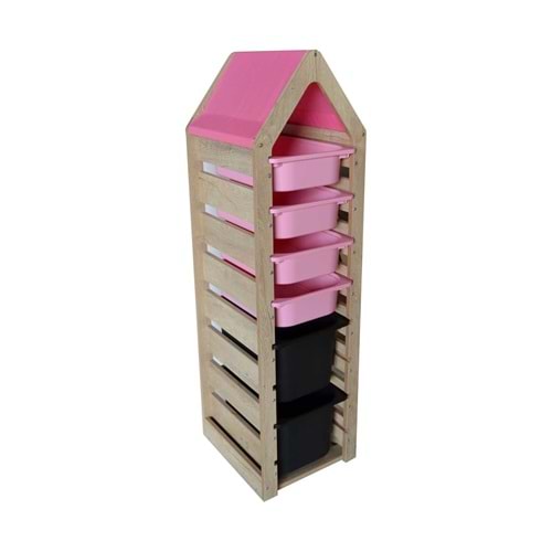 Montessori Pembe Oyuncak Saklama Düzenleme Ünitesi Dolabı - 2 Büyük Siyah 4 Pembe Trofast Sepetli