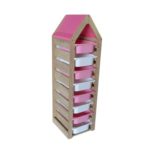 Montessori Pembe Oyuncak Saklama Düzenleme Ünitesi Dolabı - 4 Beyaz 4 Pembe Trofast Sepetli