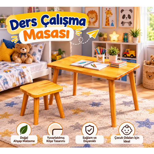 Masif Çam Ahşap Çocuk Ders Çalışma Masası