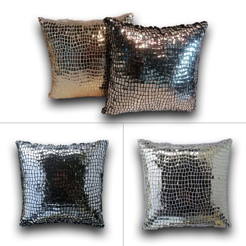 Gümüş ve Gold Renk 2'li Pullu Payetli Yastık Kırlent Kılıfı 45x45 cm.