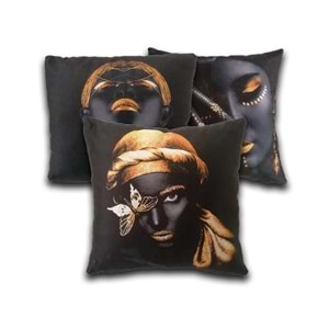 3'lü Kadın Figürlü Dijital Baskılı Siyah Yastık Kırlent Kılıfı 45x45 cm.