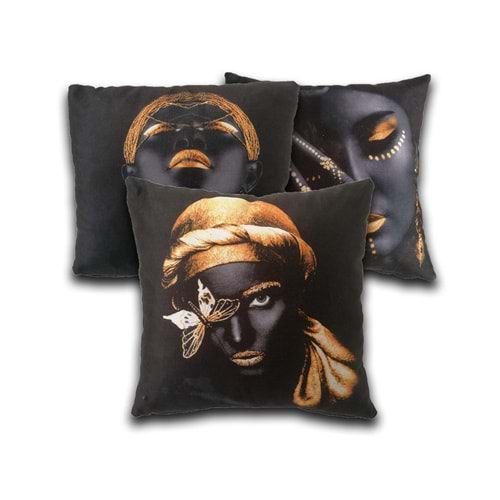 3'lü Kadın Figürlü Dijital Baskılı Siyah Yastık Kırlent Kılıfı 45x45 cm.