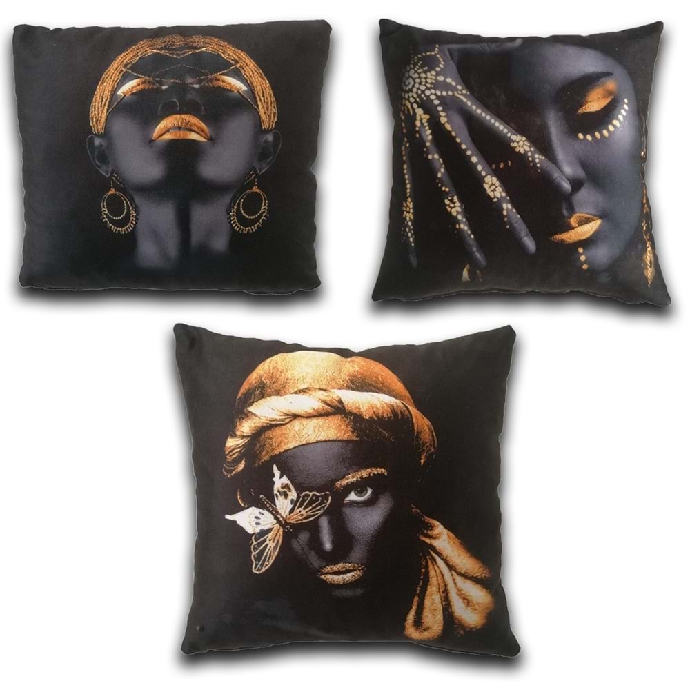 3'lü Kadın Figürlü Dijital Baskılı Siyah Yastık Kırlent Kılıfı 45x45 cm.