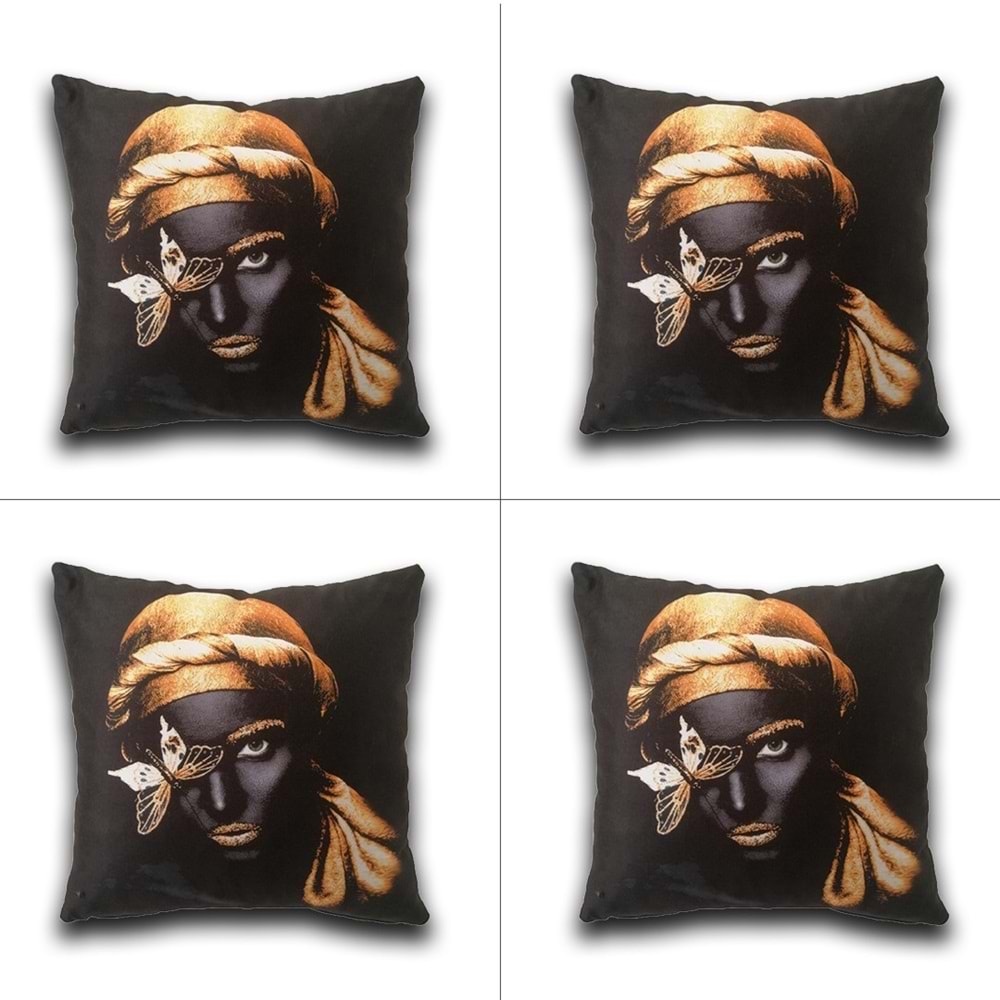 4'lü Kadın Figürlü Dijital Baskılı Siyah Yastık Kırlent Kılıfı 45x45 cm.