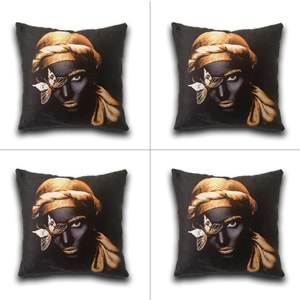 4'lü Kadın Figürlü Dijital Baskılı Siyah Yastık Kırlent Kılıfı 45x45 cm.