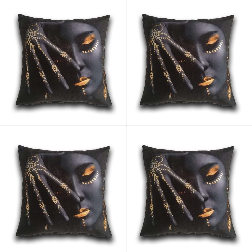 4'lü Kadın Figürlü Dijital Baskılı Siyah Yastık Kırlent Kılıfı 45x45 cm.