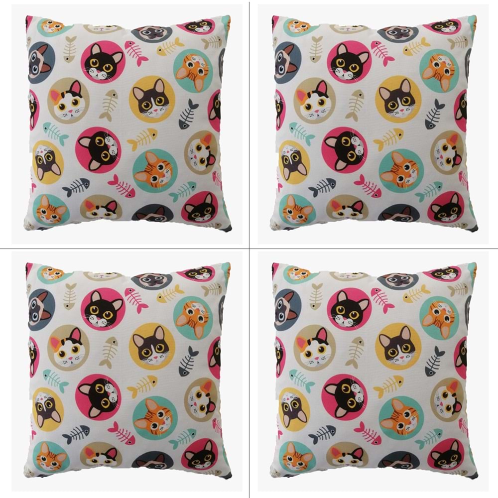 4'lü Kedi Figürlü Dijital Baskılı Yastık Kırlent Kılıfı 45x45 cm.