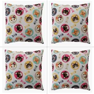 4'lü Kedi Figürlü Dijital Baskılı Yastık Kırlent Kılıfı 45x45 cm.