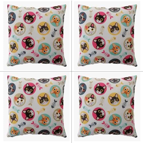 4'lü Kedi Figürlü Dijital Baskılı Yastık Kırlent Kılıfı 45x45 cm.