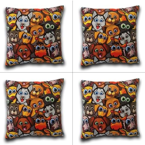 4'lü Köpek Figürlü Dijital Baskılı Yastık Kırlent Kılıfı 45x45 cm.