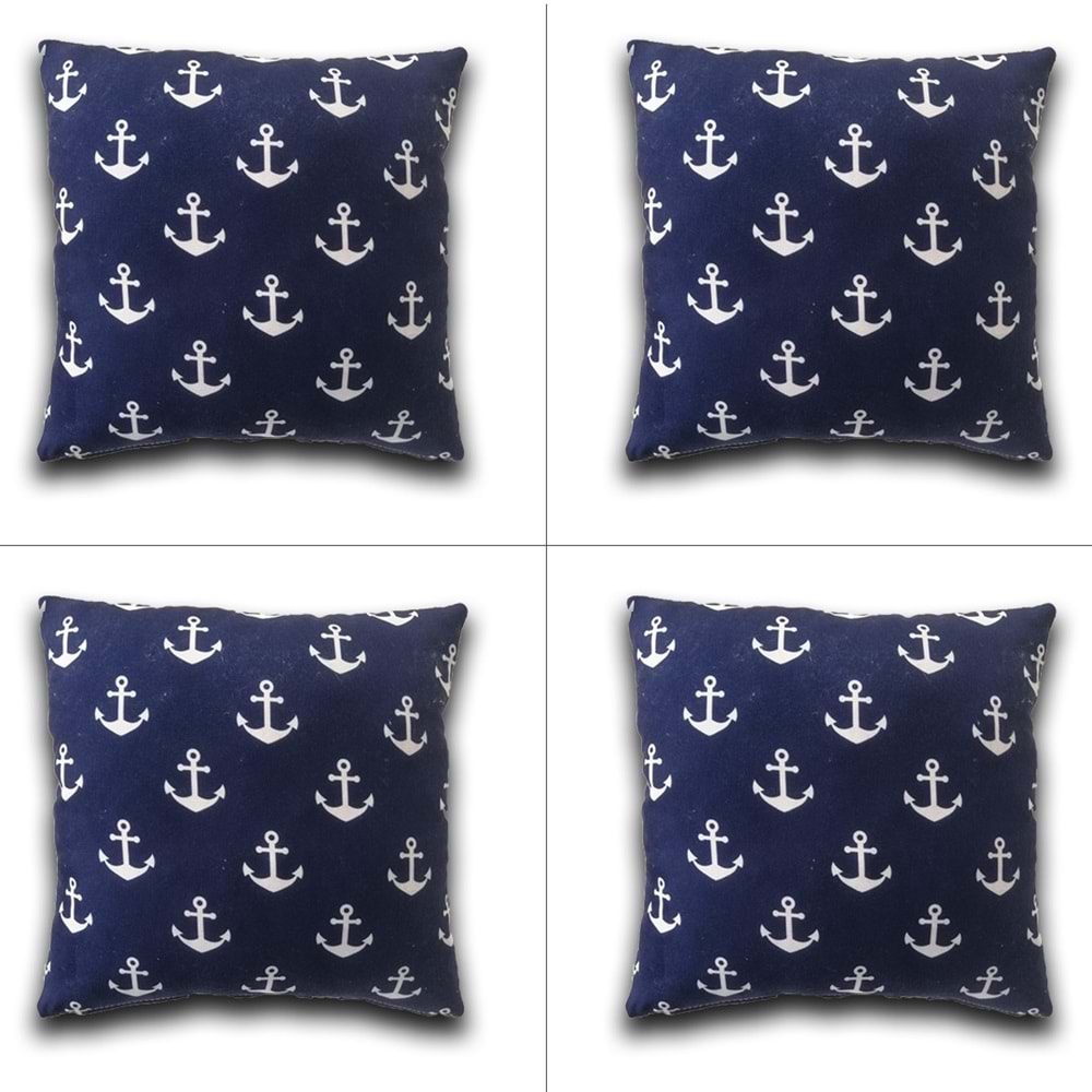 4'lü Deniz Çapası Figürlü Lacivert Zeminli Yastık Kırlent Kılıfı 45x45 cm.