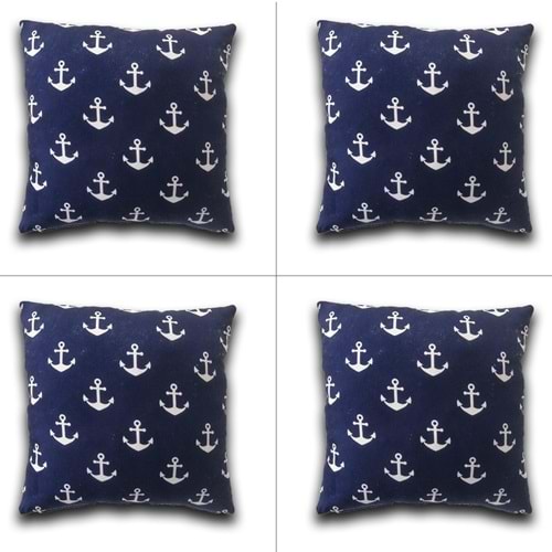 4'lü Deniz Çapası Figürlü Lacivert Zeminli Yastık Kırlent Kılıfı 45x45 cm.